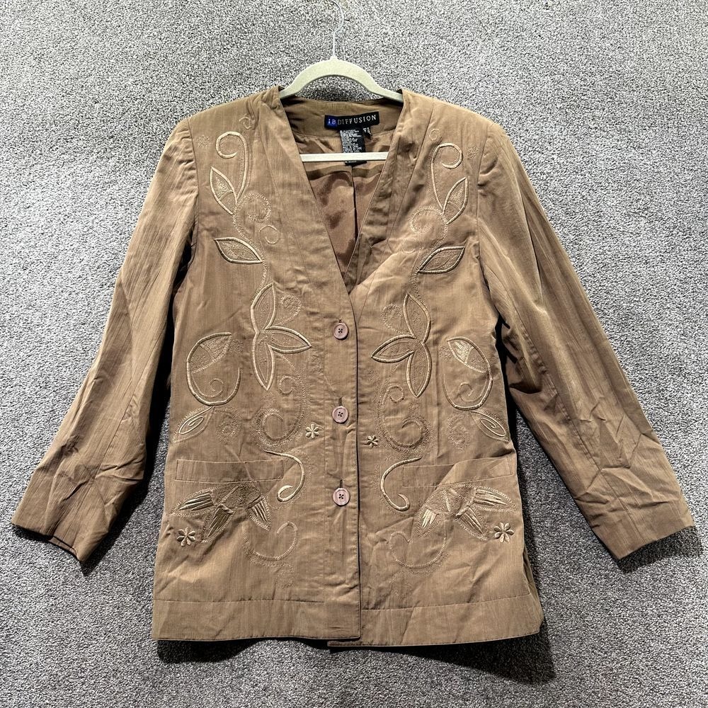 IB Diffusion Blazer Jacket Womens 10‎ Brown 100% Silk Embroidered Floral Neutral